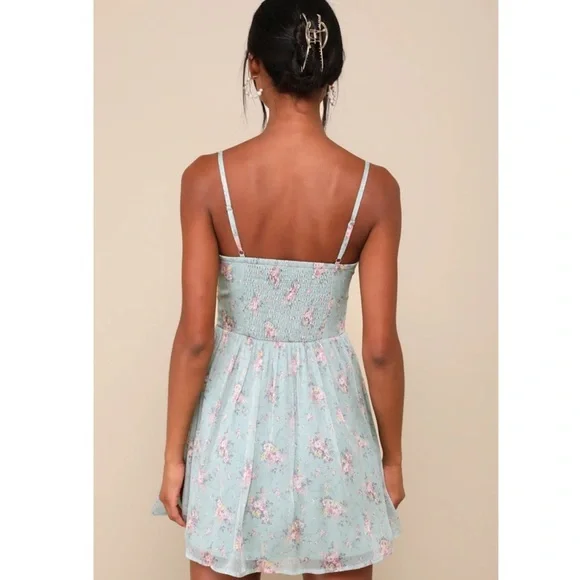 Lulus Flirty Dreamer Sage Floral Bustier Lace Ribbon Mini Dress Cottagecore NWT - Picture 5 of 6